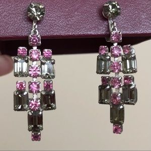 Vintage Pink And Green Rhinestone Screw Back Earrings